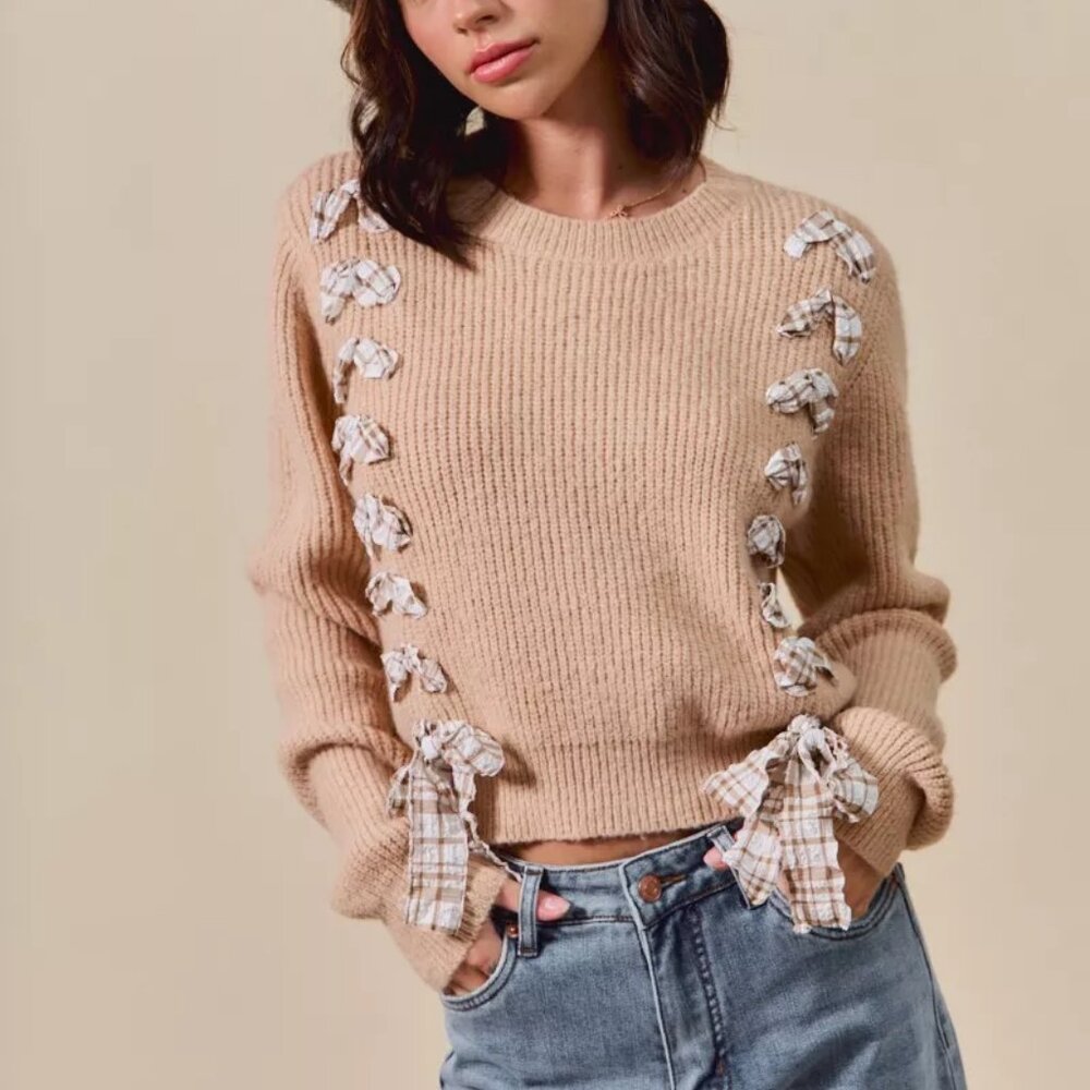 SO‎ ME Checkered Plaid Tape Lace Up Ribbed Sweater